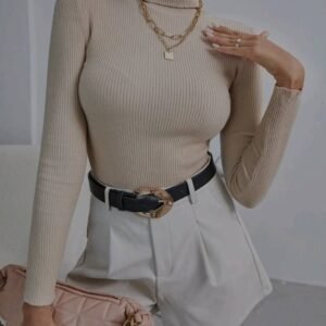 Solid High Neck Rib-Knit Sweater,Long Sleeve Tops Knit Pullover Fall Winter Outfit - Image 3