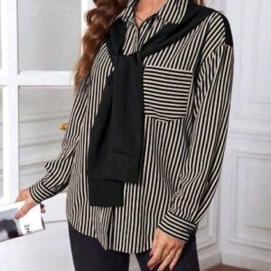 EMERY ROSE Women's Vertical Striped Printed 2 In 1 Shirt,Long Sleeve Tops Fall Cloth For Women
